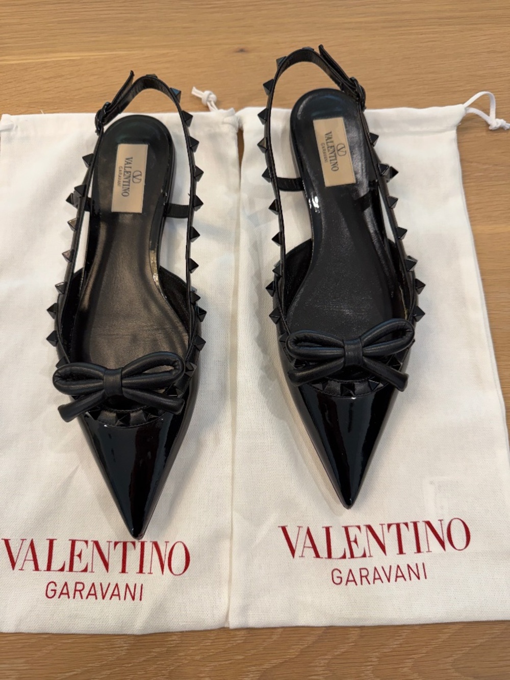 Valentino Rockstud Bow Patent Slingback Ballerina Flat, Black EC Size 38